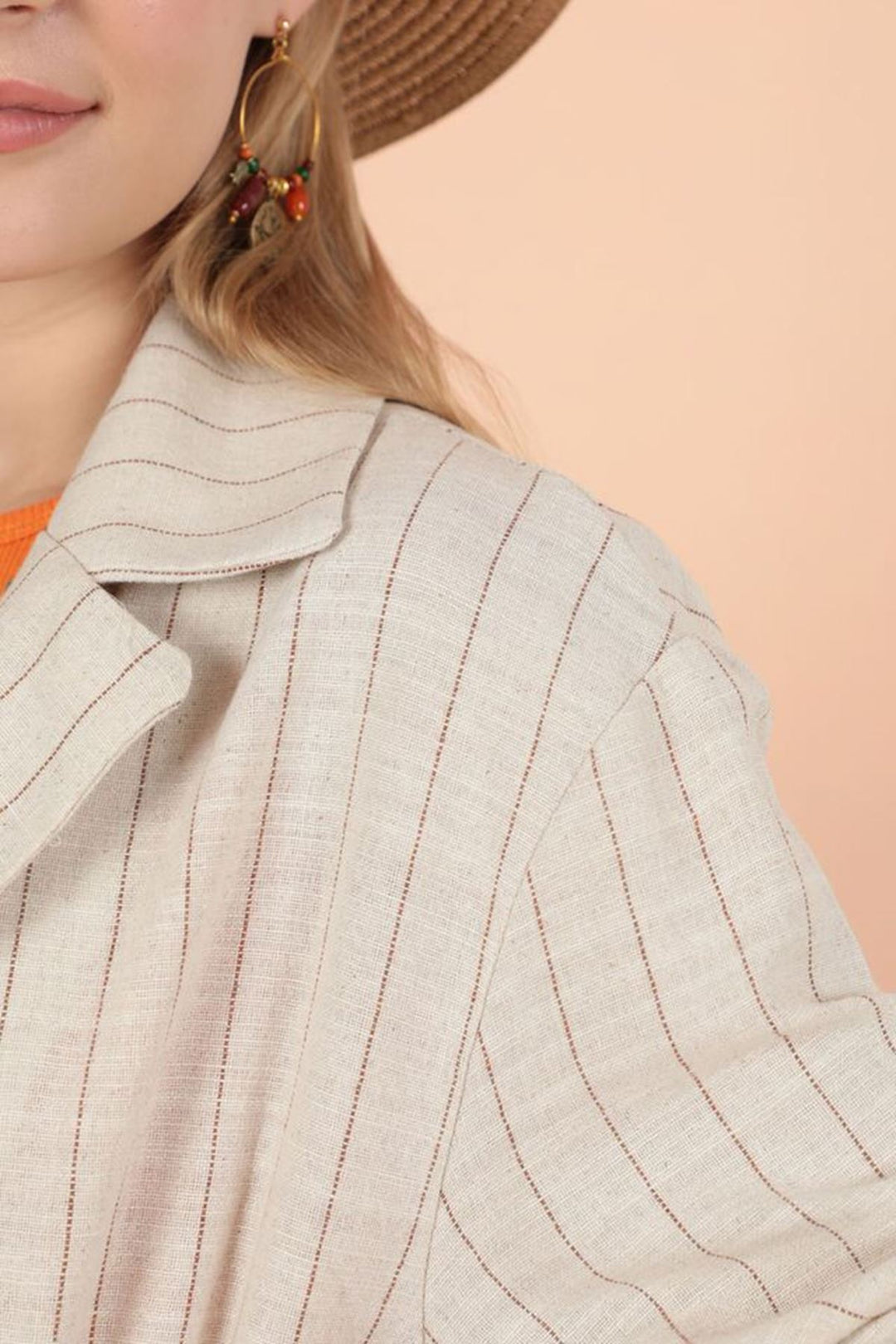 KKT Linen Striped Women's Jacket-Camel Brown - Freiberg