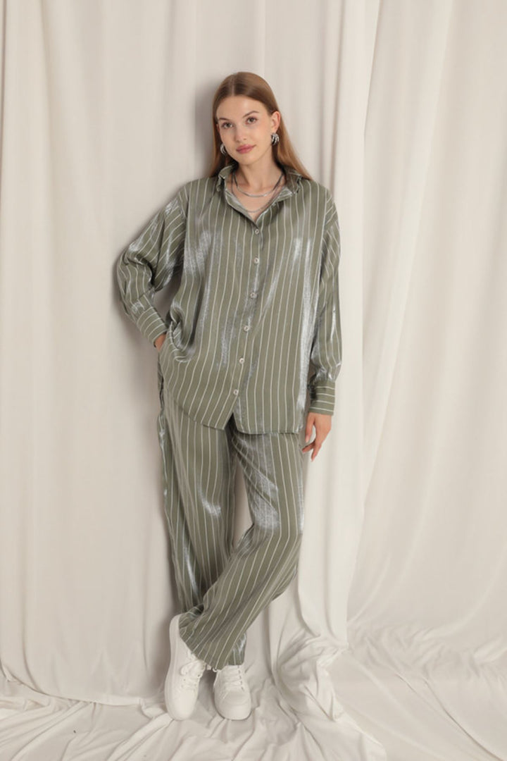 KKT Shiny Fabric Striped Women's Khaki Suit - Bremerhaven