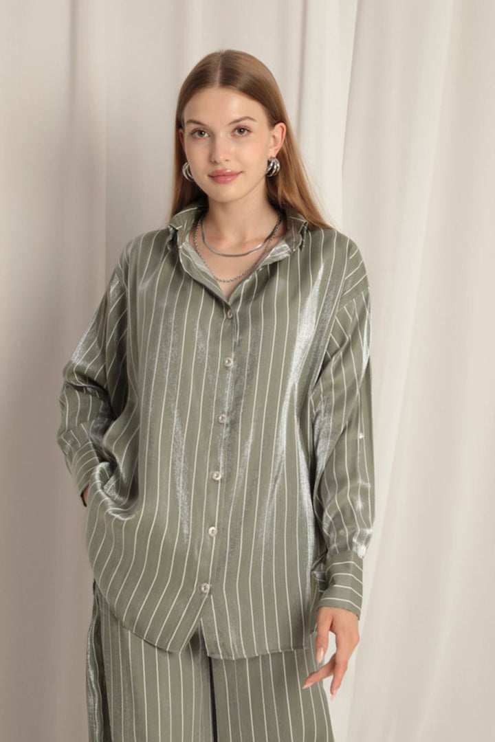 KKT Shiny Fabric Striped Women's Khaki Suit - Bremerhaven