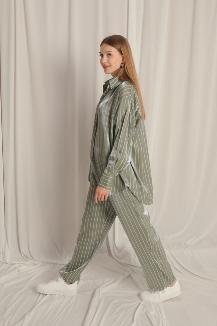 KKT Shiny Fabric Striped Women's Khaki Suit - Bremerhaven