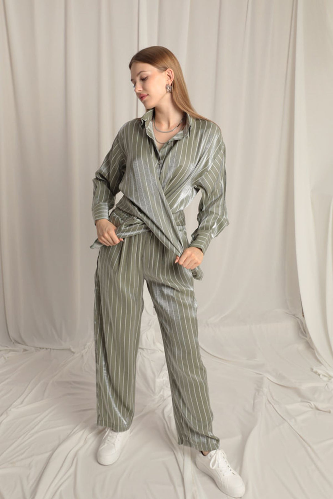 KKT Shiny Fabric Striped Women's Khaki Suit - Bremerhaven