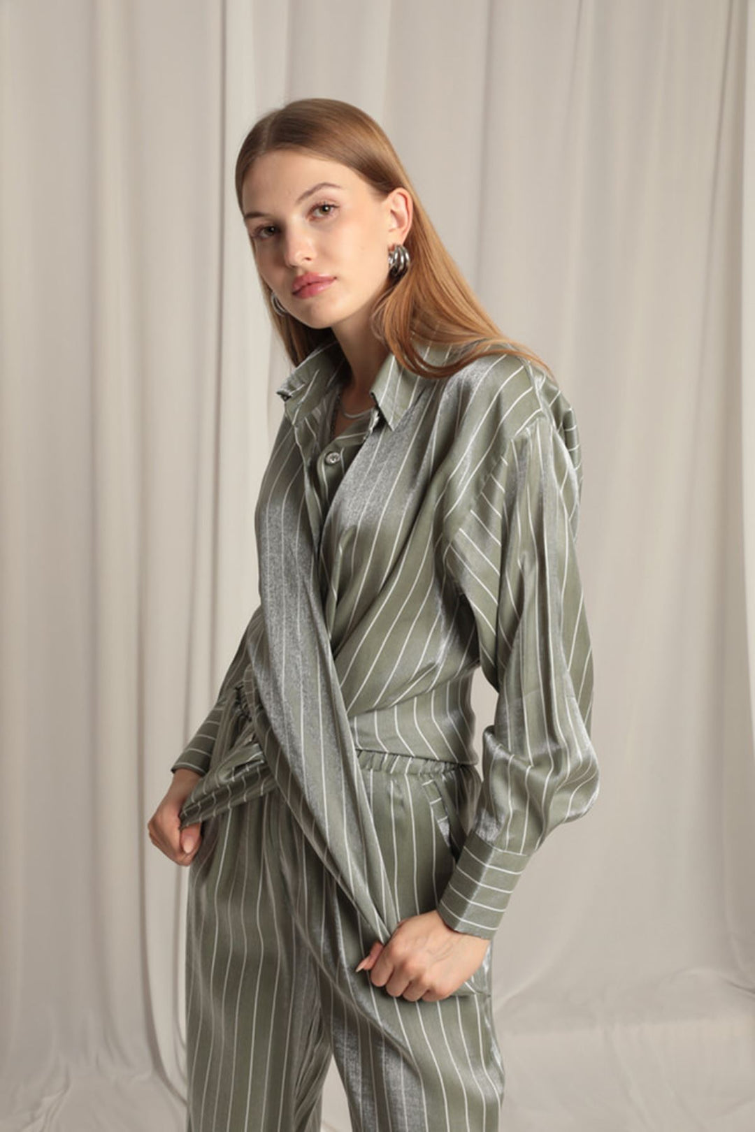 KKT Shiny Fabric Striped Women's Khaki Suit - Bremerhaven