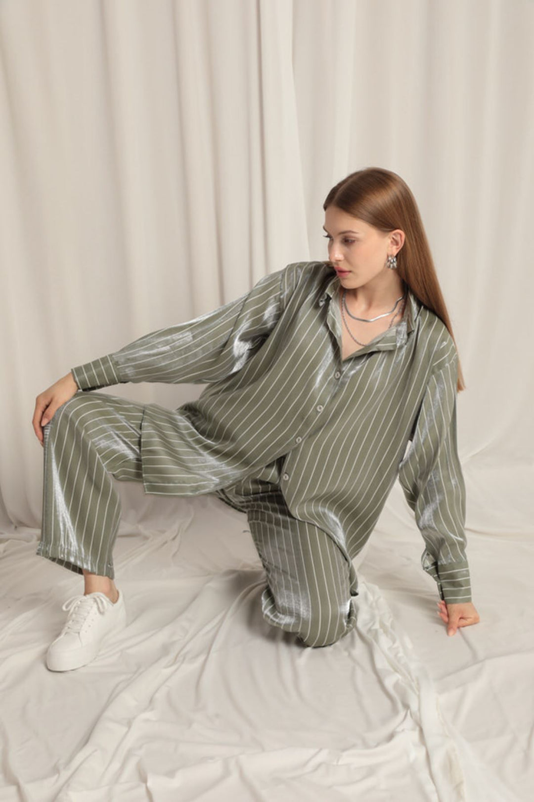 KKT Shiny Fabric Striped Women's Khaki Suit - Bremerhaven