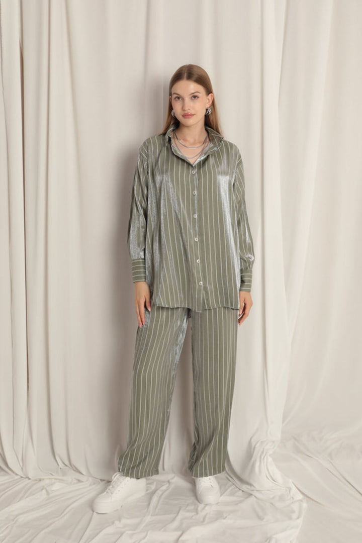 KKT Shiny Fabric Striped Women's Khaki Suit - Bremerhaven