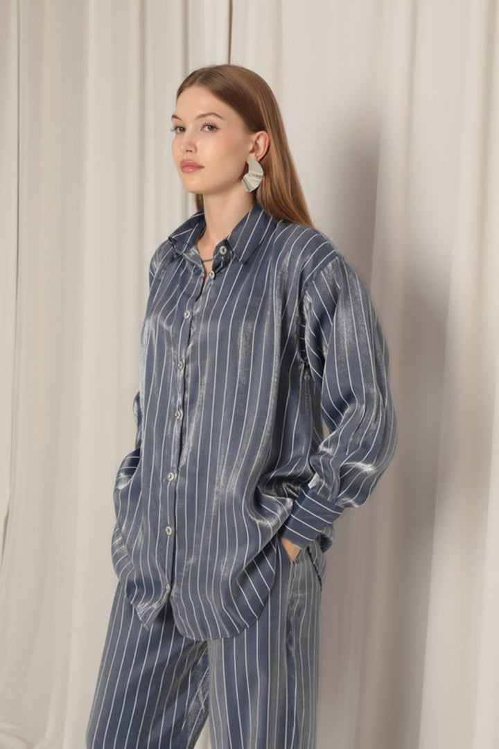 KKT Shiny Fabric Striped Women's Suit-Indigo - Chilón