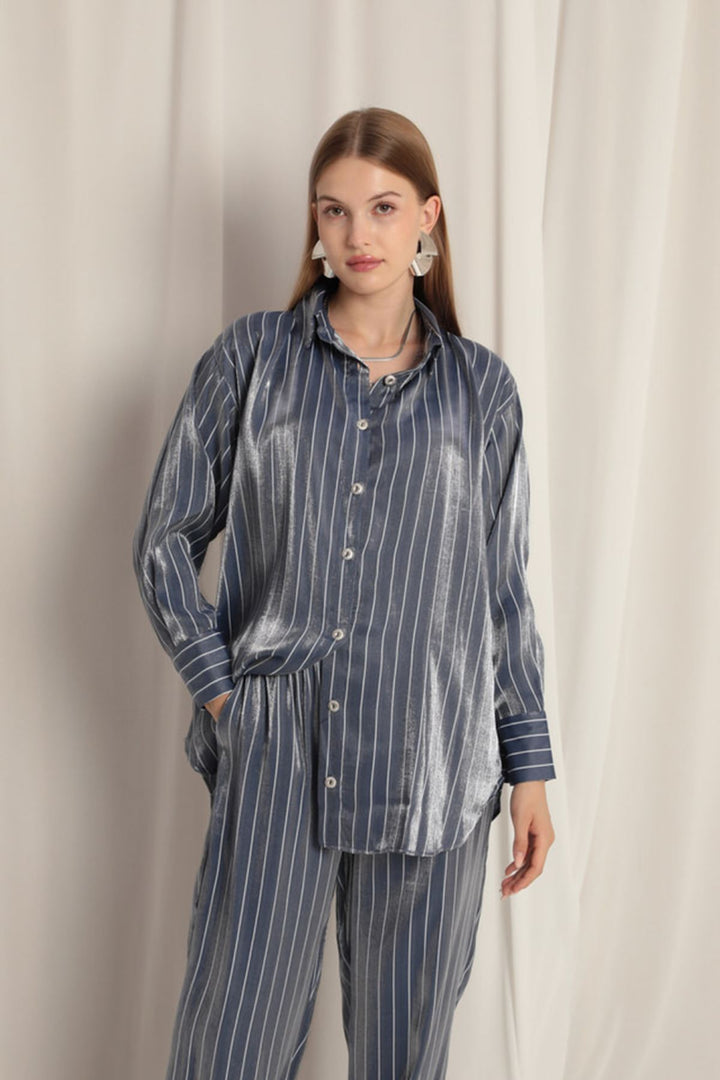 KKT Shiny Fabric Striped Women's Suit-Indigo - Chilón