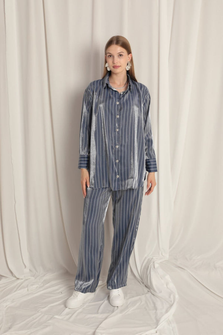 KKT Shiny Fabric Striped Women's Suit-Indigo - Chilón