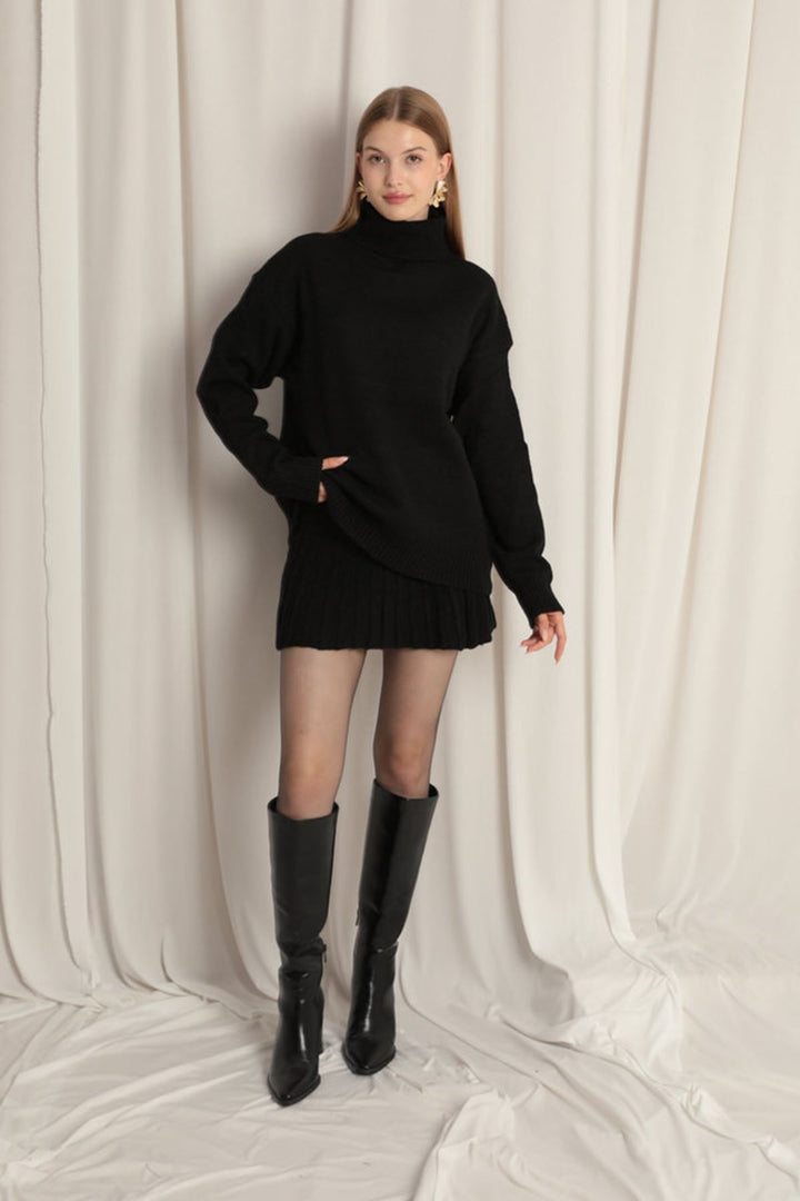 KKT Knitwear Fabric Turtleneck Sweater Black Skirt Set - Pokrovsk