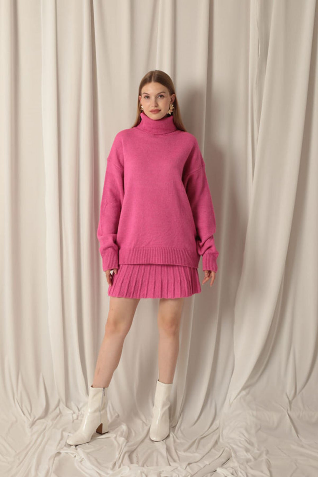 KKT Knitwear Fabric Turtleneck Sweater Fuchsia Skirt Set - Mission