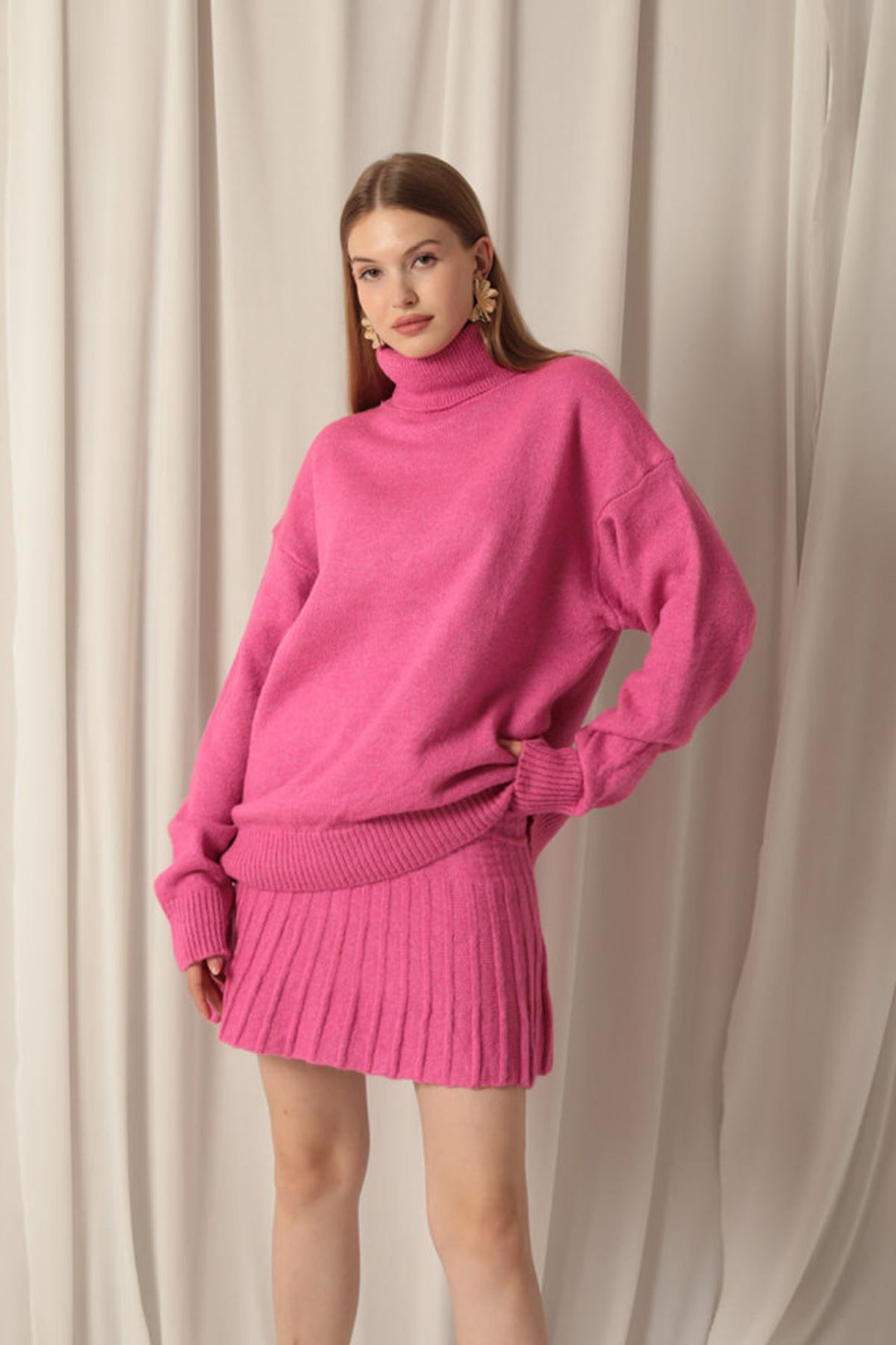 KKT Knitwear Fabric Turtleneck Sweater Fuchsia Skirt Set - Mission