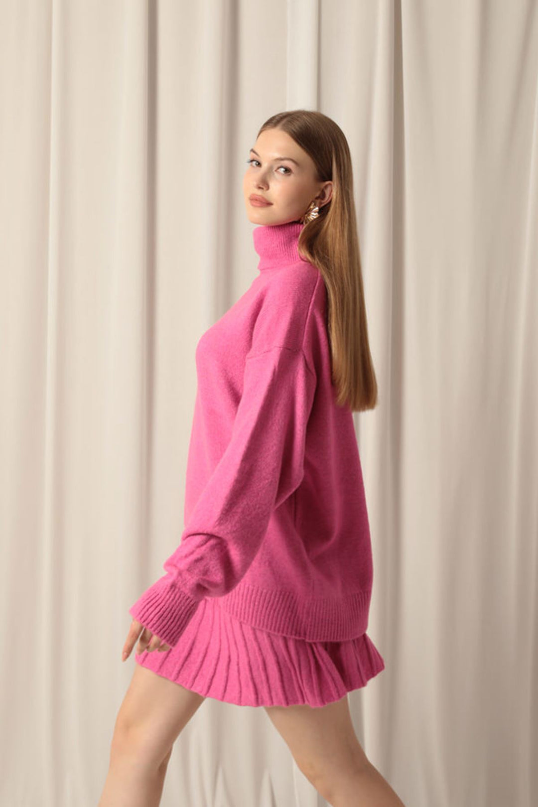 KKT Knitwear Fabric Turtleneck Sweater Fuchsia Skirt Set - Mission