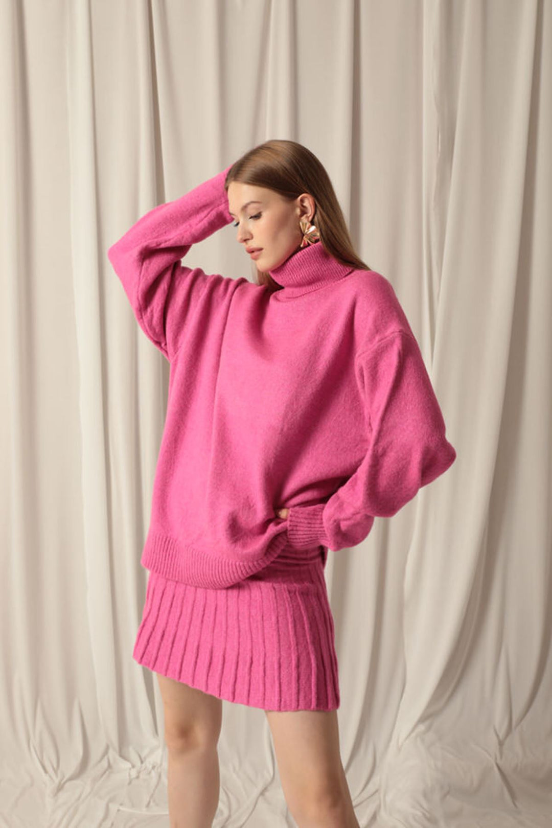 KKT Knitwear Fabric Turtleneck Sweater Fuchsia Skirt Set - Mission