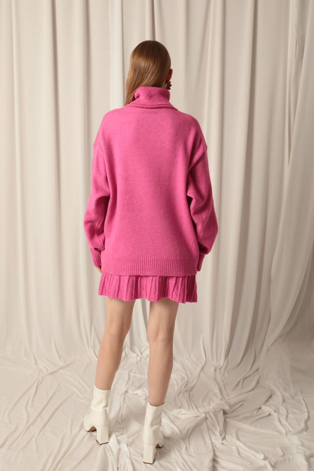 KKT Knitwear Fabric Turtleneck Sweater Fuchsia Skirt Set - Mission