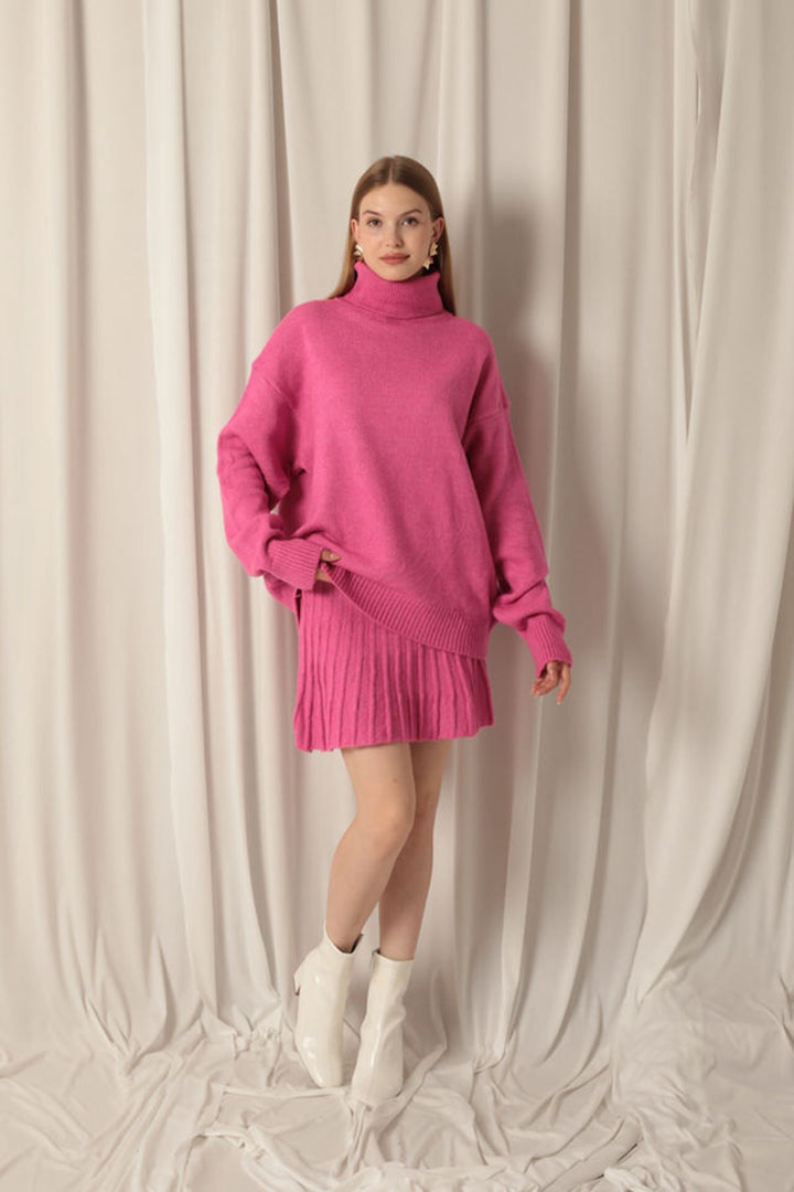 KKT Knitwear Fabric Turtleneck Sweater Fuchsia Skirt Set - Mission