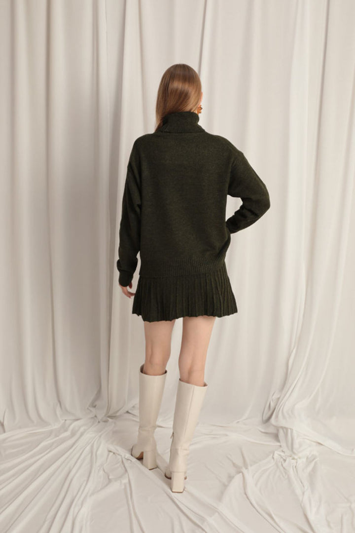 KKT Knitwear Fabric Turtleneck Sweater Khaki Skirt Set - Tezonapa