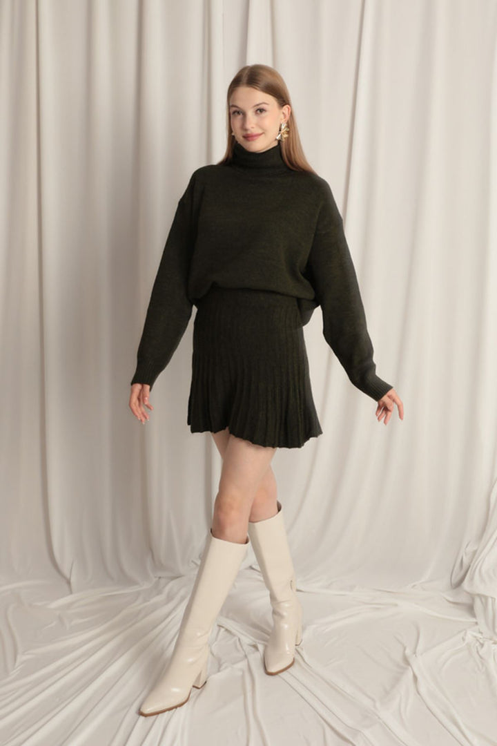 KKT Knitwear Fabric Turtleneck Sweater Khaki Skirt Set - Tezonapa