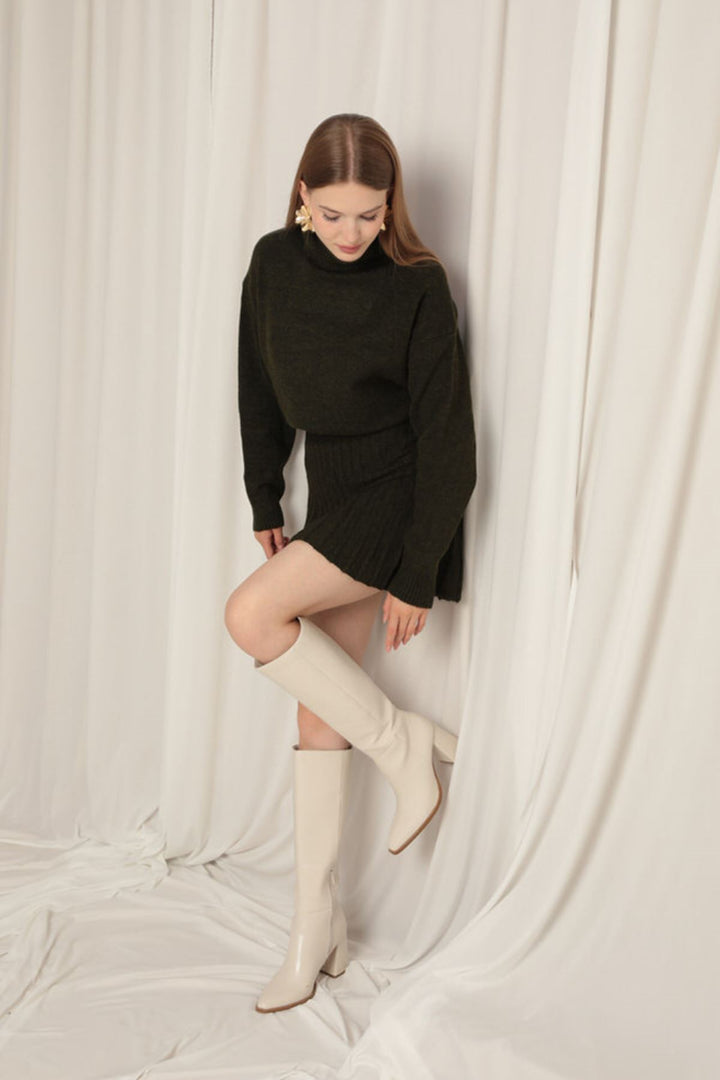 KKT Knitwear Fabric Turtleneck Sweater Khaki Skirt Set - Tezonapa