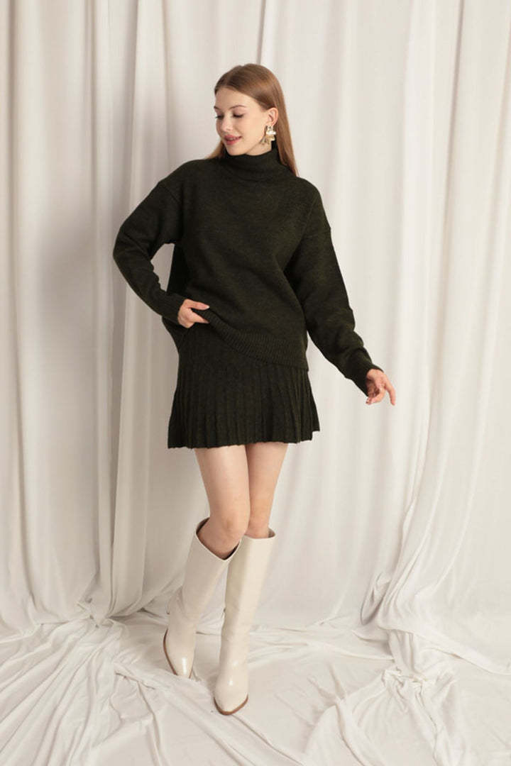 KKT Knitwear Fabric Turtleneck Sweater Khaki Skirt Set - Tezonapa