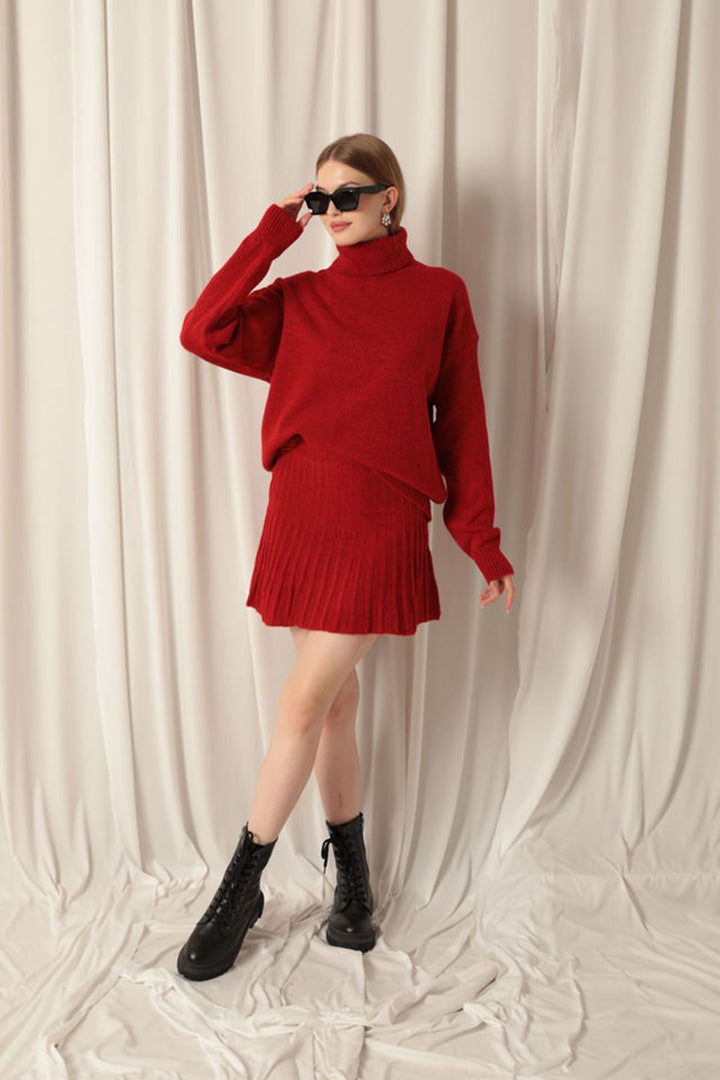 KKT Knitwear Fabric Turtleneck Sweater Red Skirt Set - Neu-Ulm