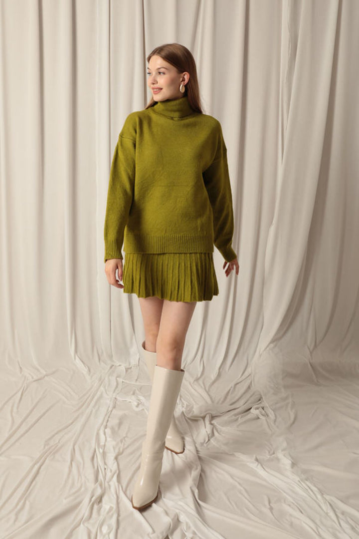 KKT Knitwear Fabric Turtleneck Sweater Oil Green Skirt Set - Covina