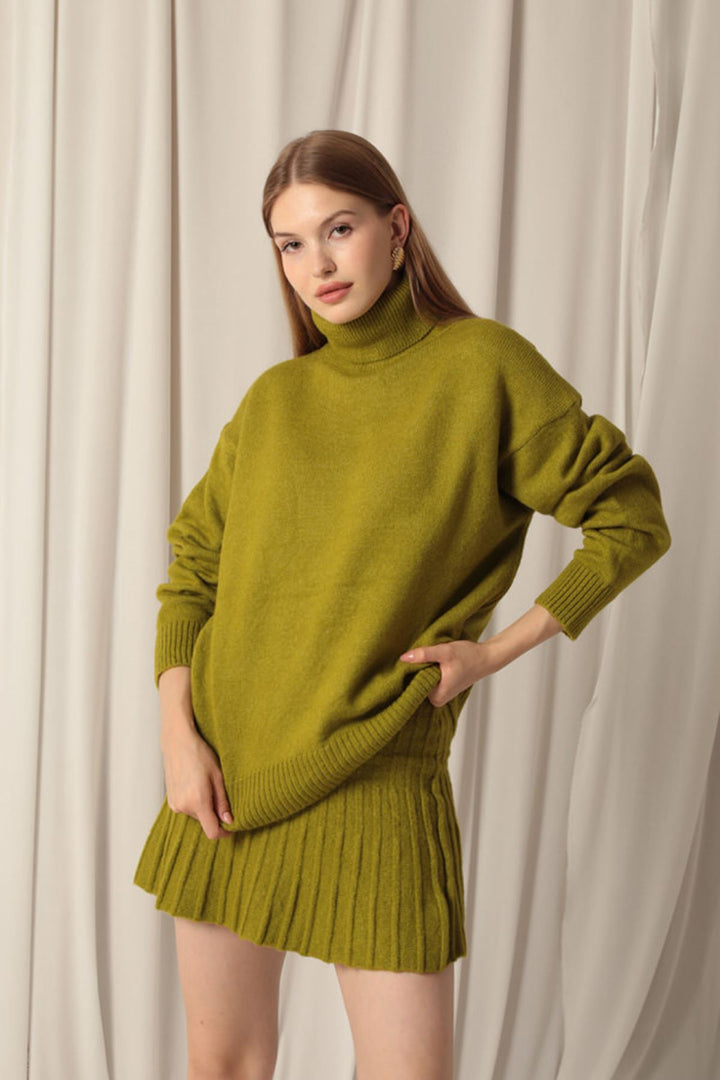 KKT Knitwear Fabric Turtleneck Sweater Oil Green Skirt Set - Covina