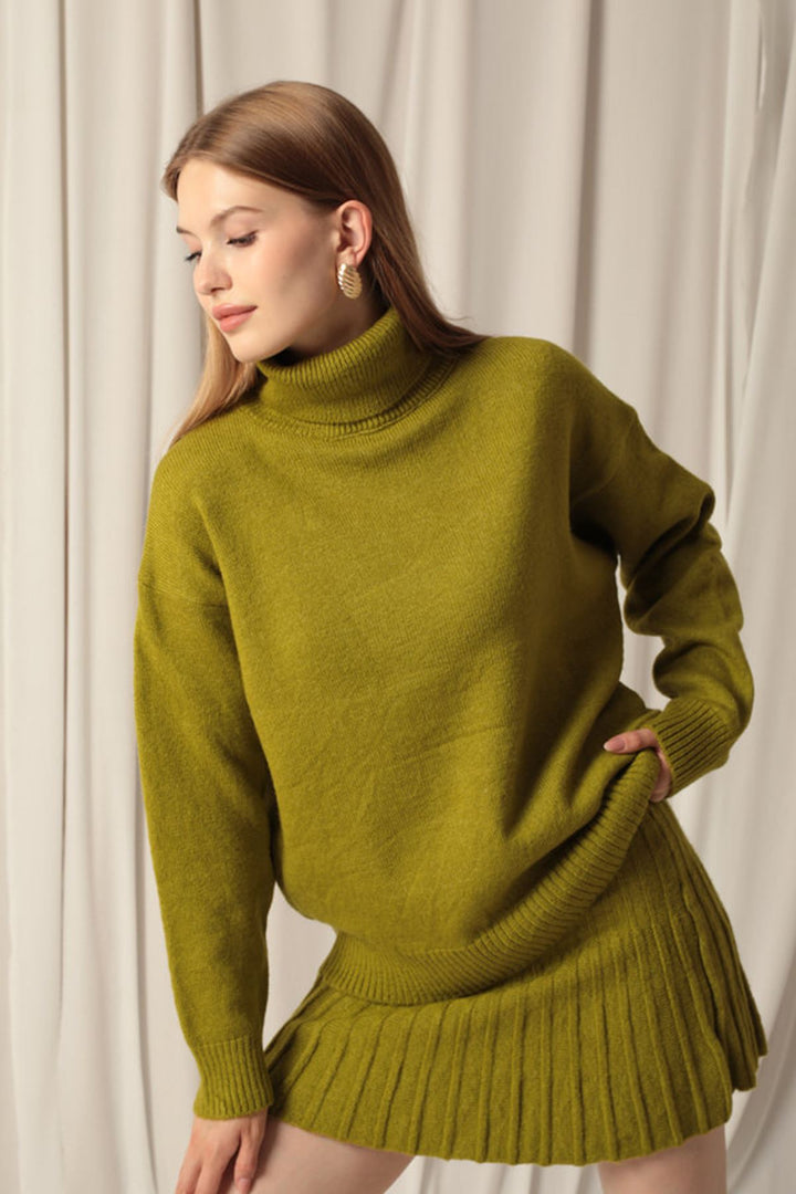 KKT Knitwear Fabric Turtleneck Sweater Oil Green Skirt Set - Covina