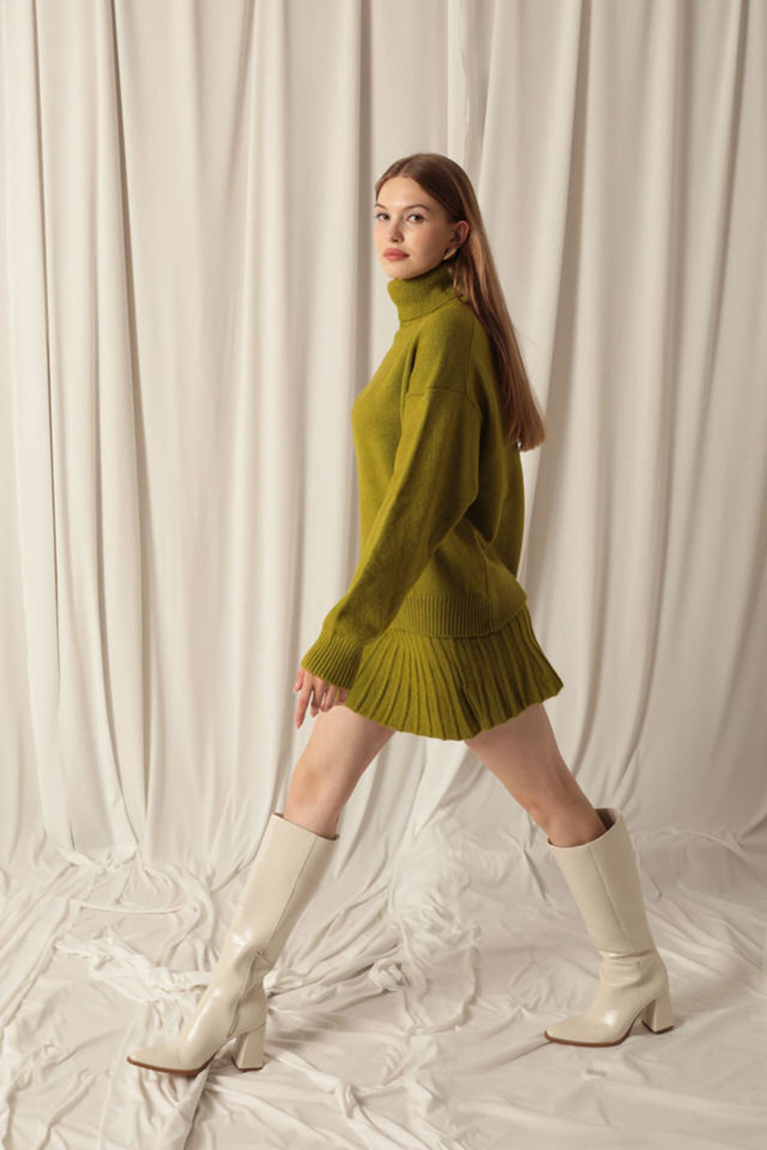 KKT Knitwear Fabric Turtleneck Sweater Oil Green Skirt Set - Covina