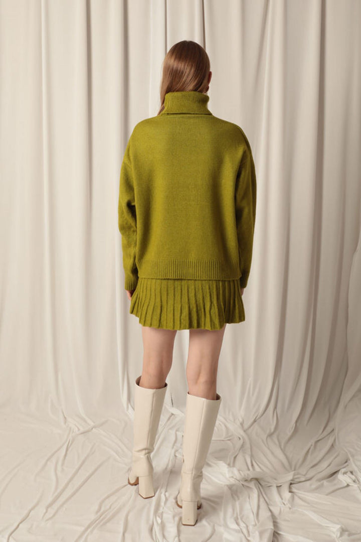 KKT Knitwear Fabric Turtleneck Sweater Oil Green Skirt Set - Covina