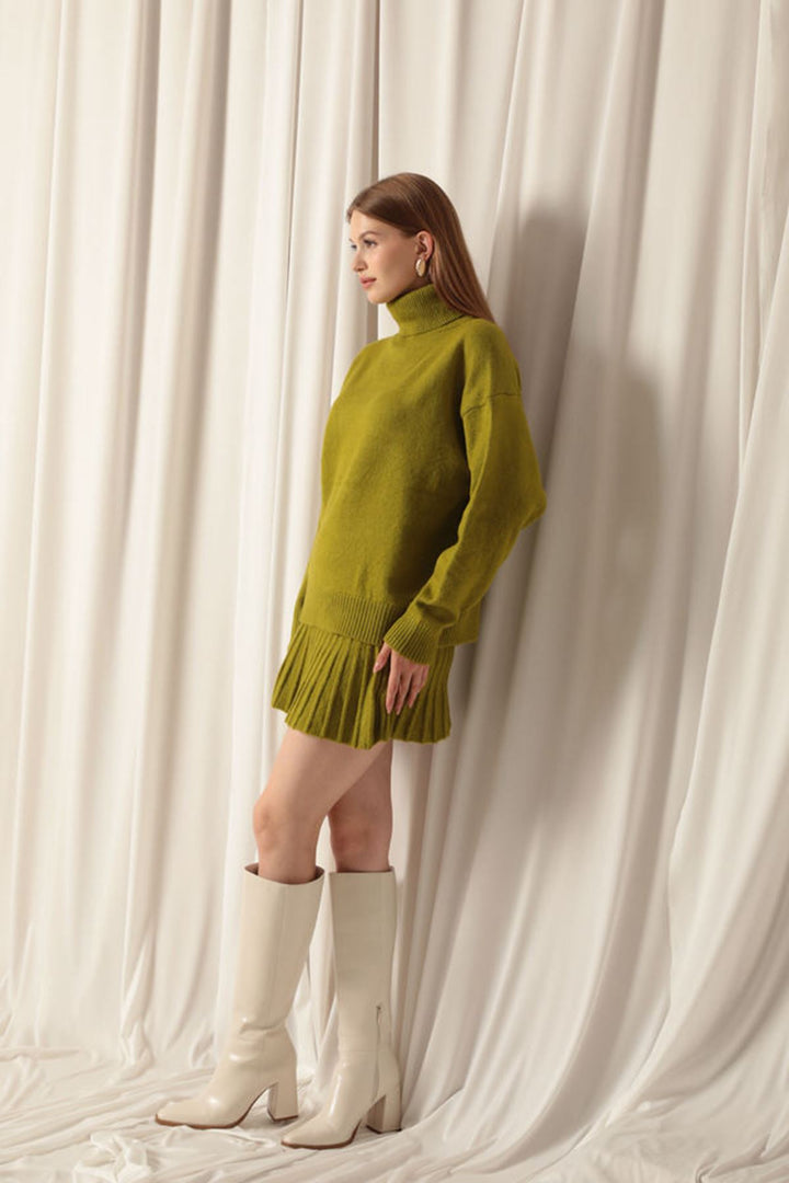 KKT Knitwear Fabric Turtleneck Sweater Oil Green Skirt Set - Covina