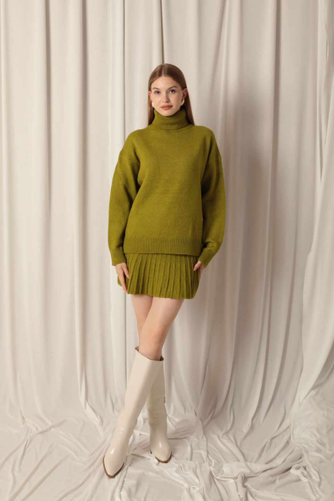 KKT Knitwear Fabric Turtleneck Sweater Oil Green Skirt Set - Covina