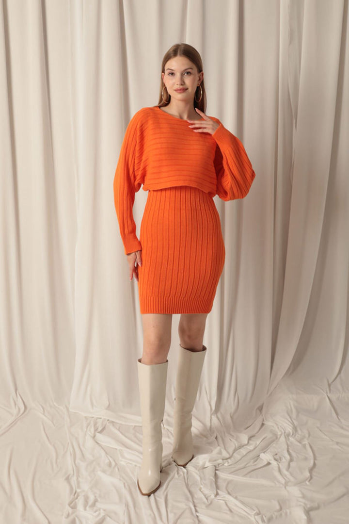 KKT Orange Dress Set with Knitted Fabric Sweater - Deer Park