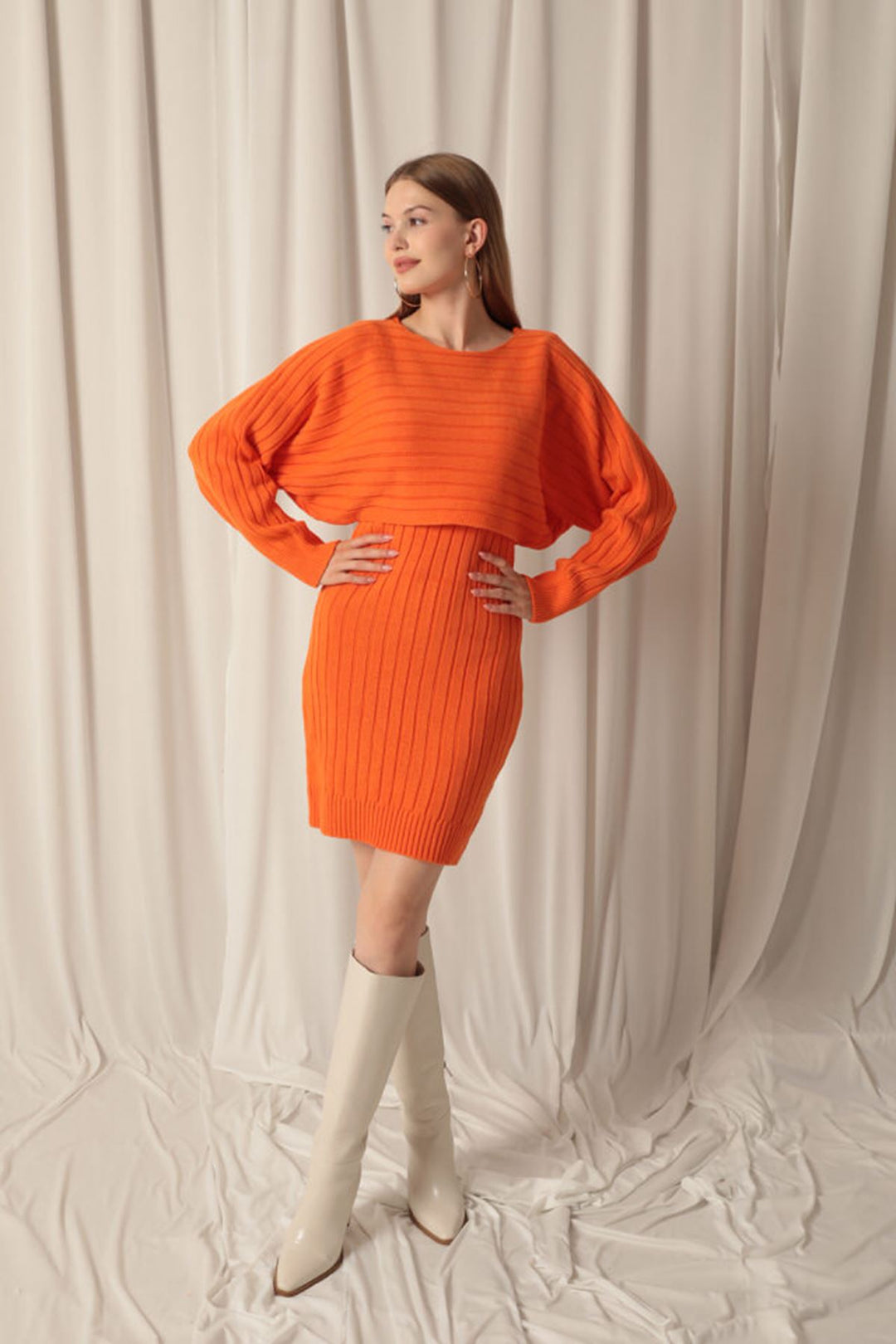 KKT Orange Dress Set with Knitted Fabric Sweater - Deer Park