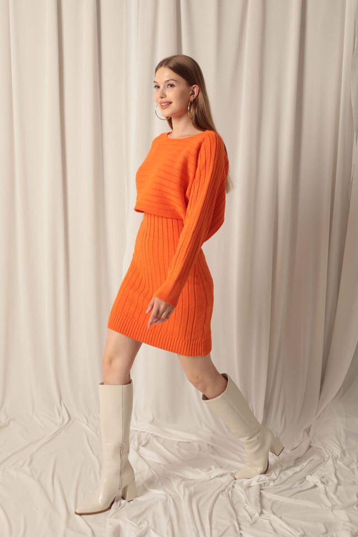 KKT Orange Dress Set with Knitted Fabric Sweater - Deer Park