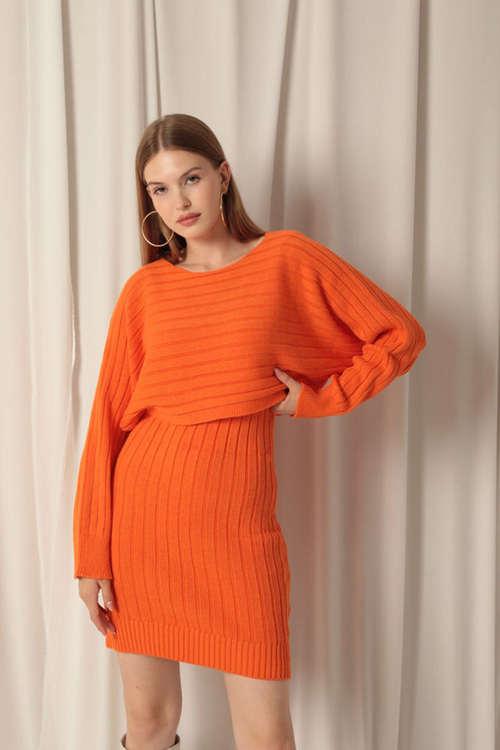 KKT Orange Dress Set with Knitted Fabric Sweater - Deer Park