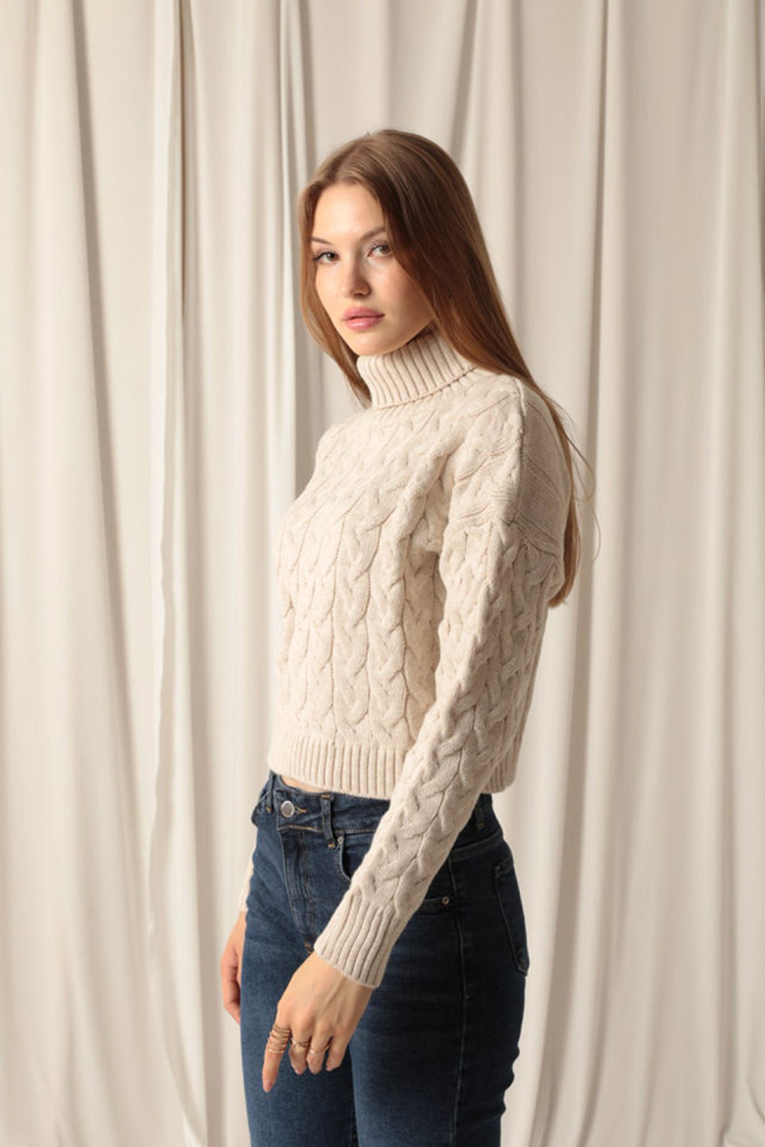 KKT Knitwear Fabric Knit Detailed Women's Stone Sweater - Woodstock