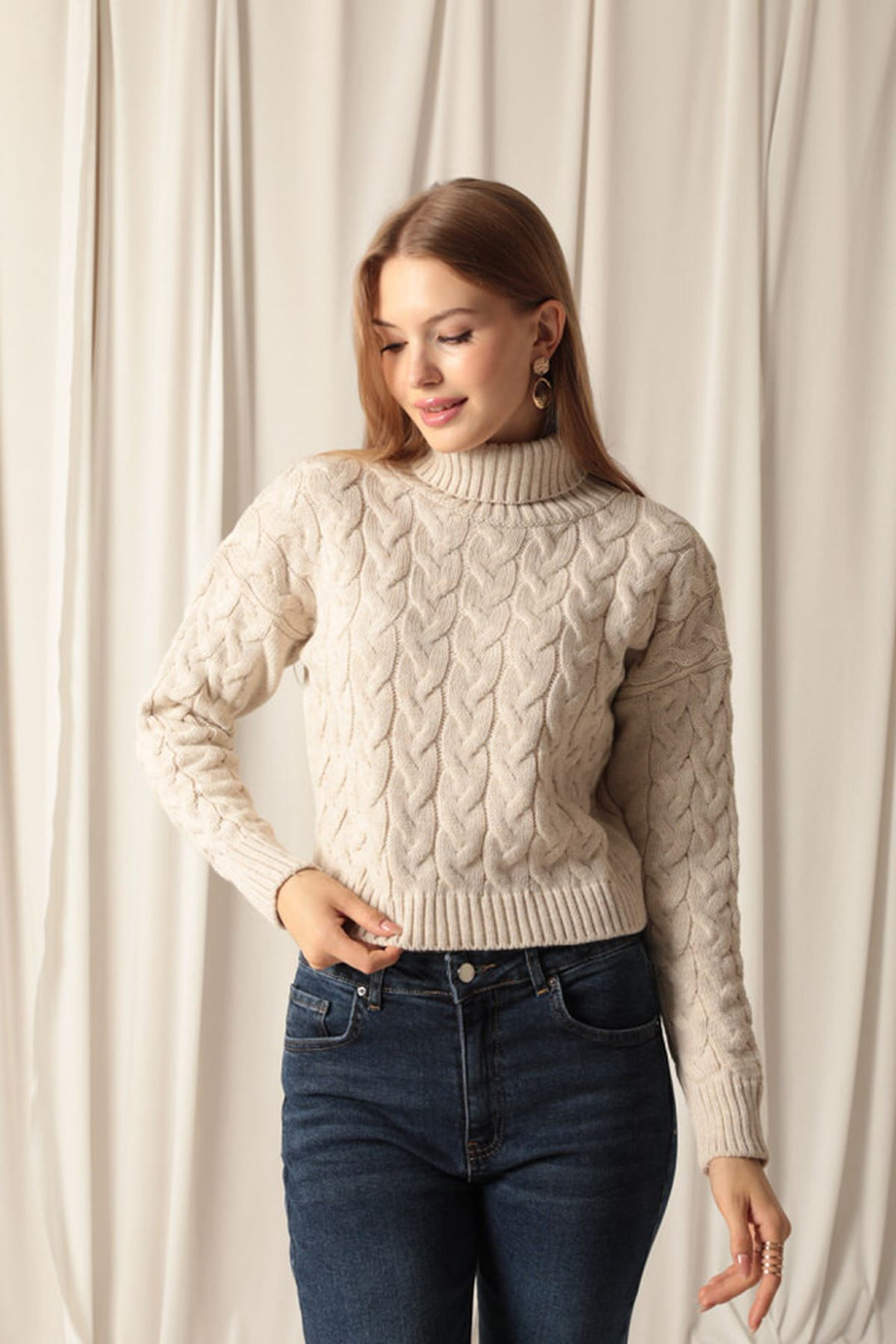 KKT Knitwear Fabric Knit Detailed Women's Stone Sweater - Woodstock