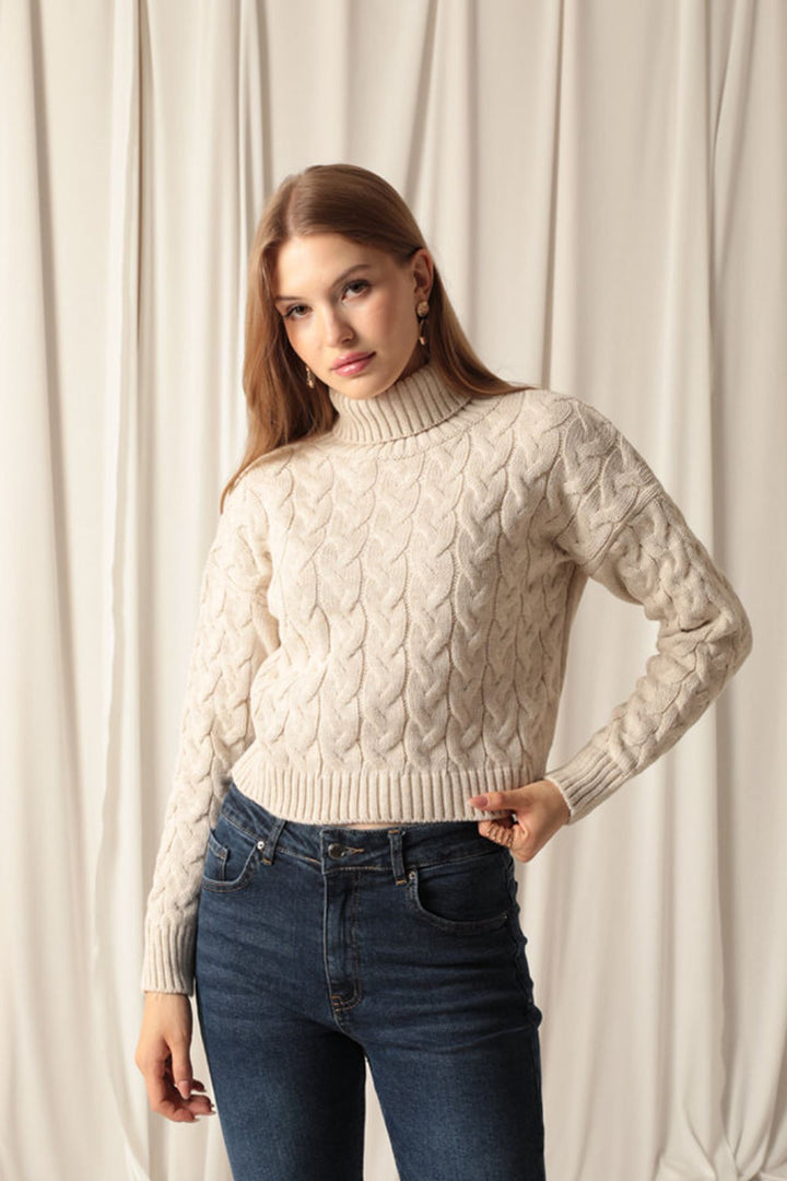 KKT Knitwear Fabric Knit Detailed Women's Stone Sweater - Woodstock