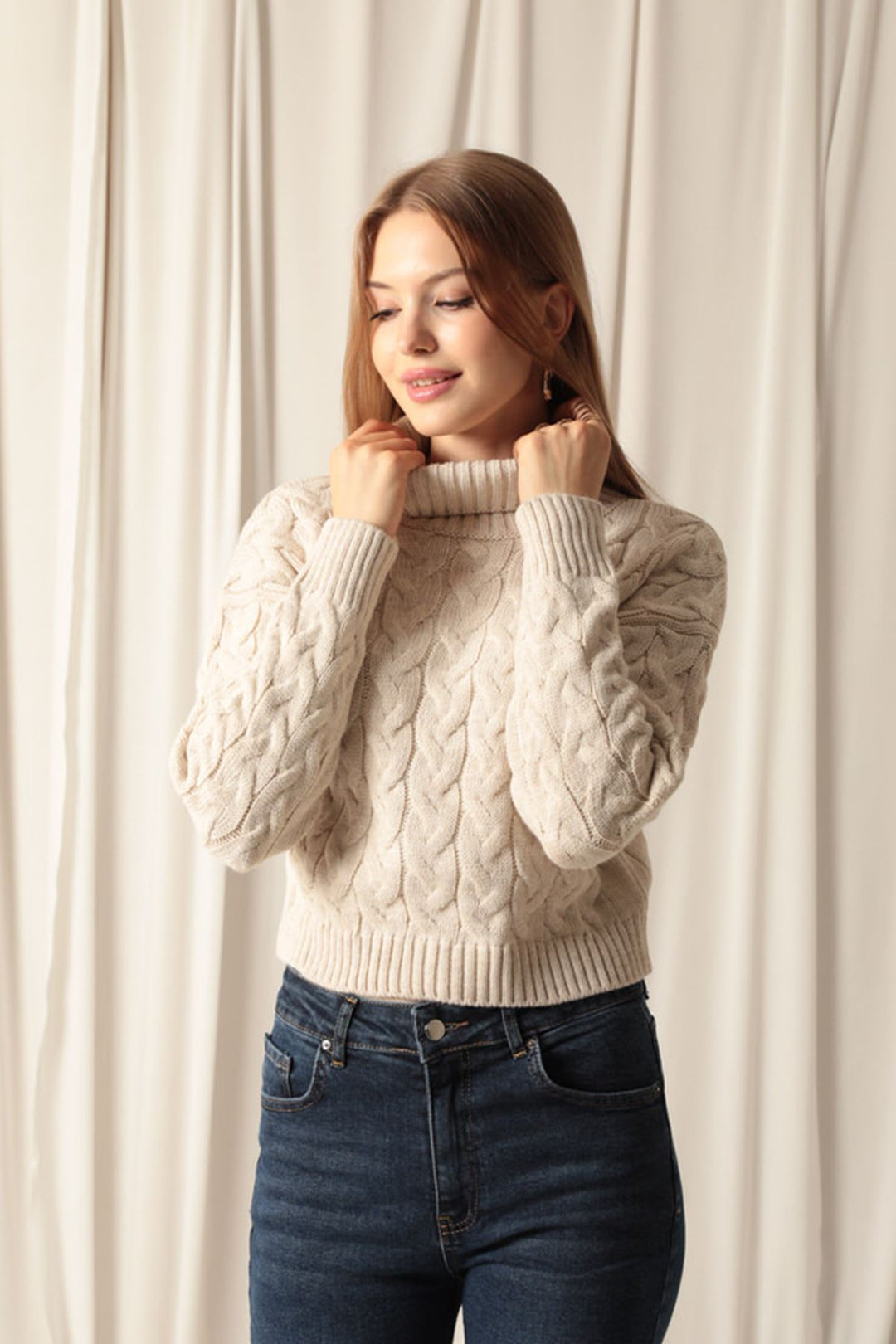 KKT Knitwear Fabric Knit Detailed Women's Stone Sweater - Woodstock