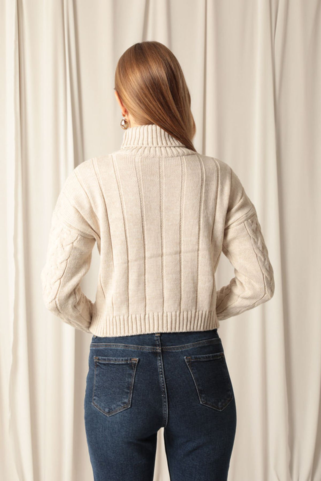 KKT Knitwear Fabric Knit Detailed Women's Stone Sweater - Woodstock