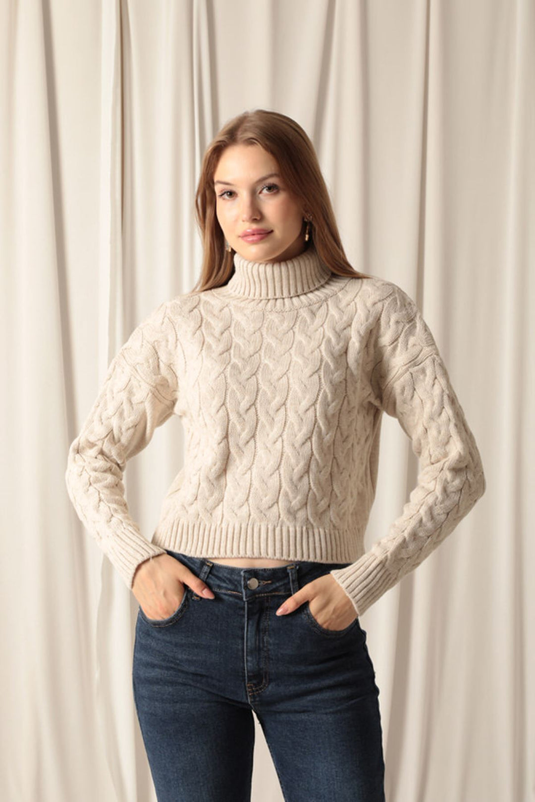 KKT Knitwear Fabric Knit Detailed Women's Stone Sweater - Woodstock