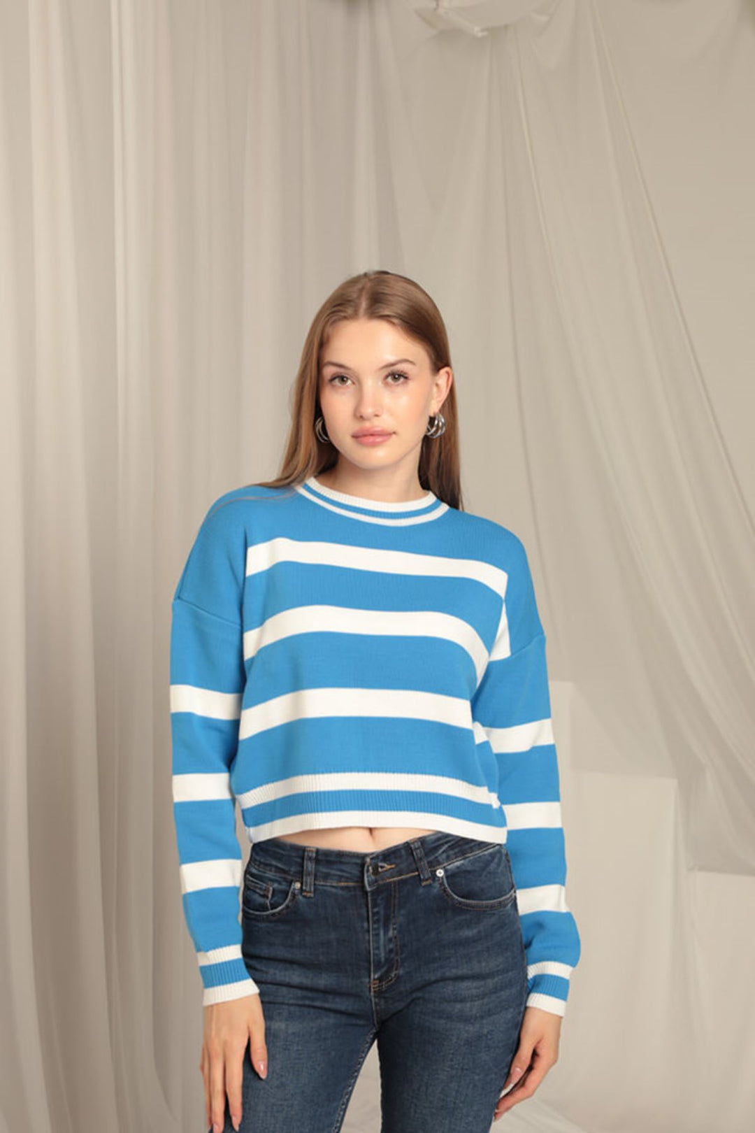 KKT Knitwear Fabric Striped Women's Turquoise Sweater - Chemnitz