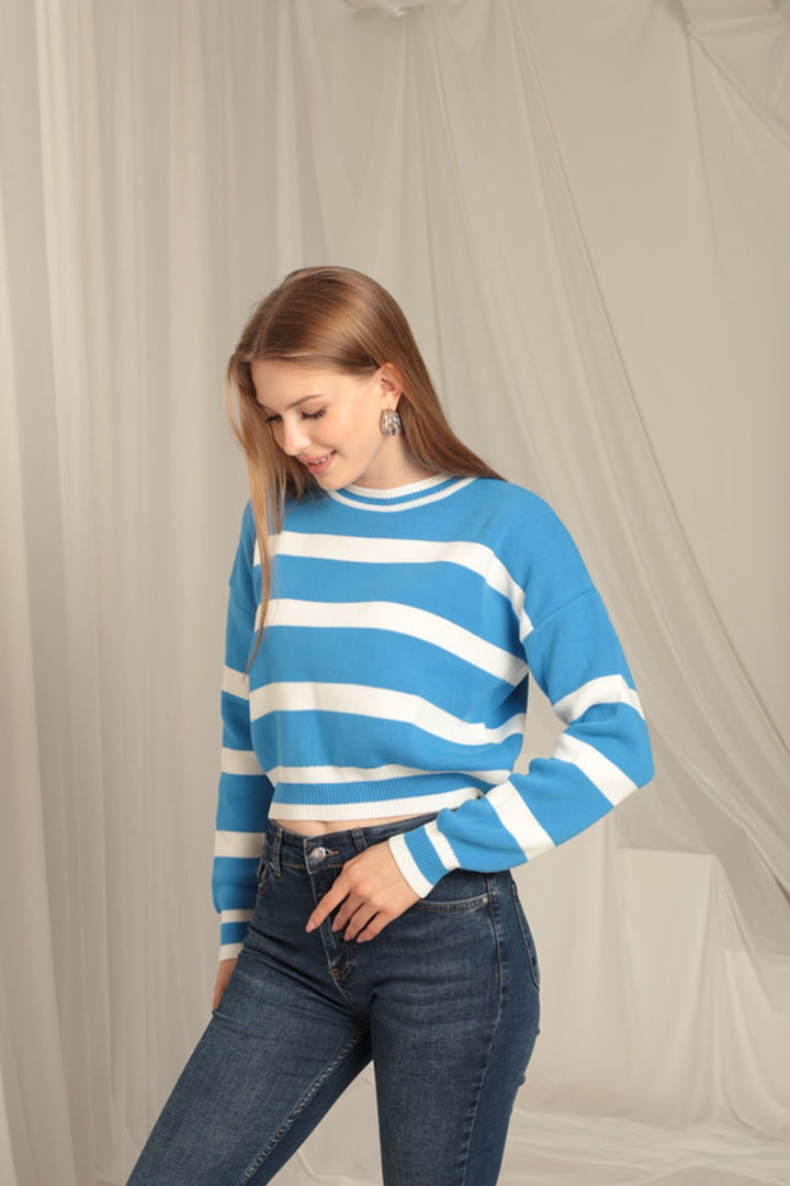 KKT Knitwear Fabric Striped Women's Turquoise Sweater - Chemnitz