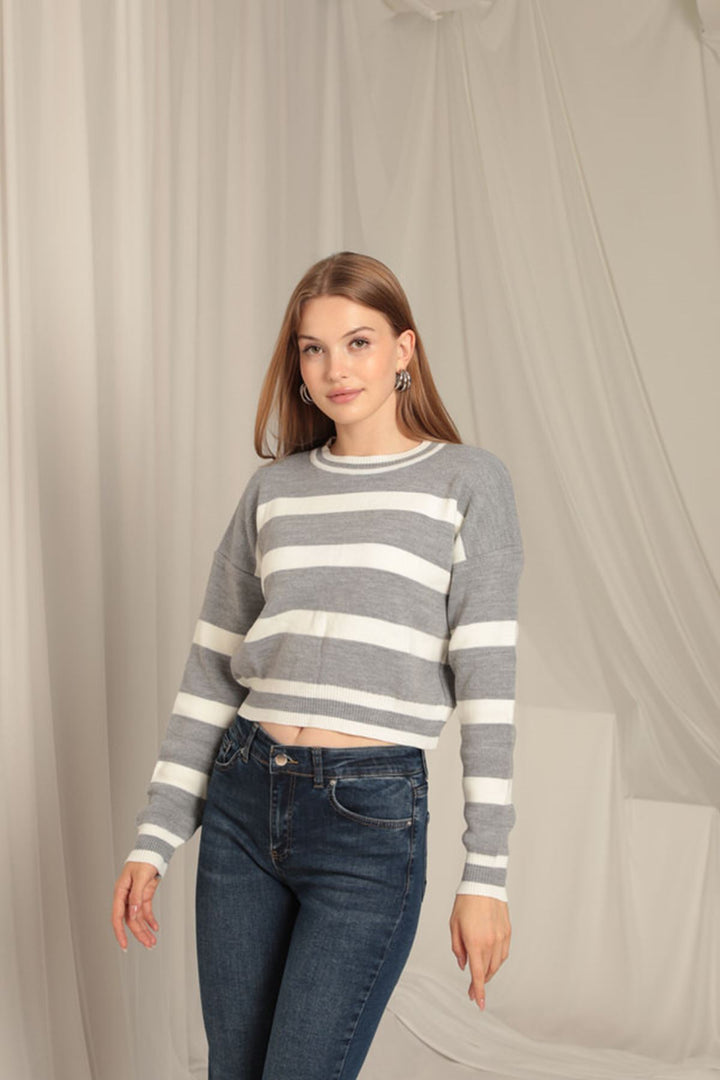 KKT Knitwear Fabric Striped Women's Gray Sweater - Conflans-Sainte-Honorine