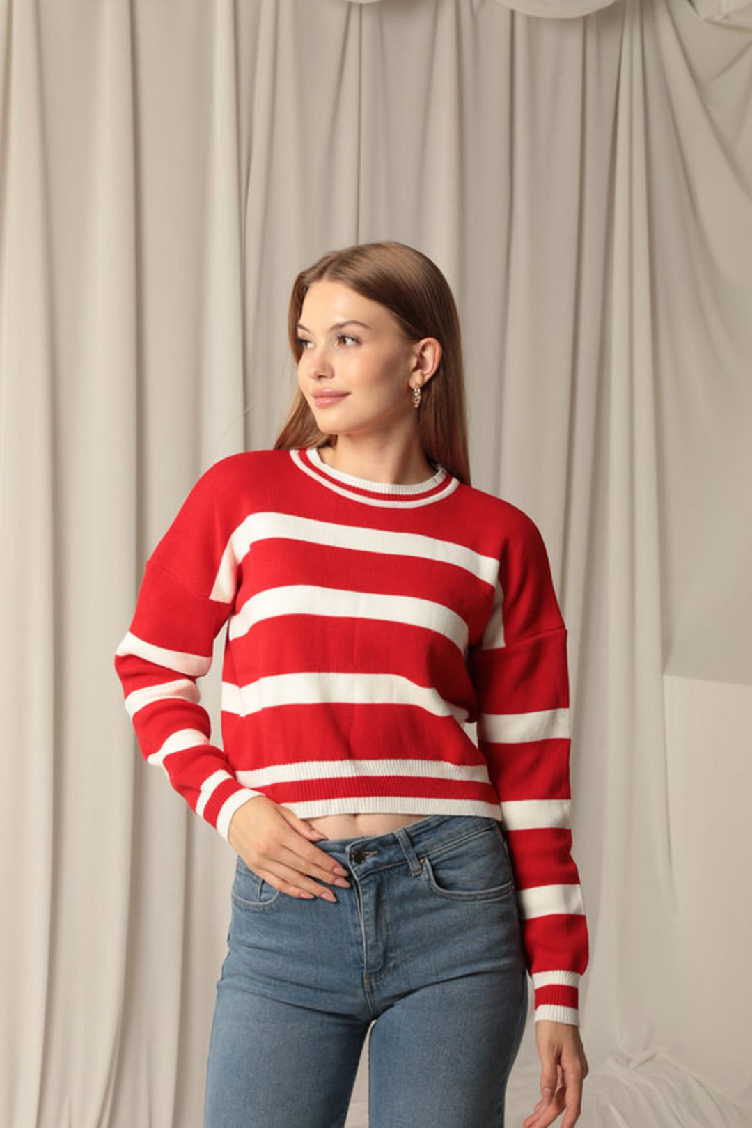 KKT Knitwear Fabric Striped Women's Red Sweater - Tottenham