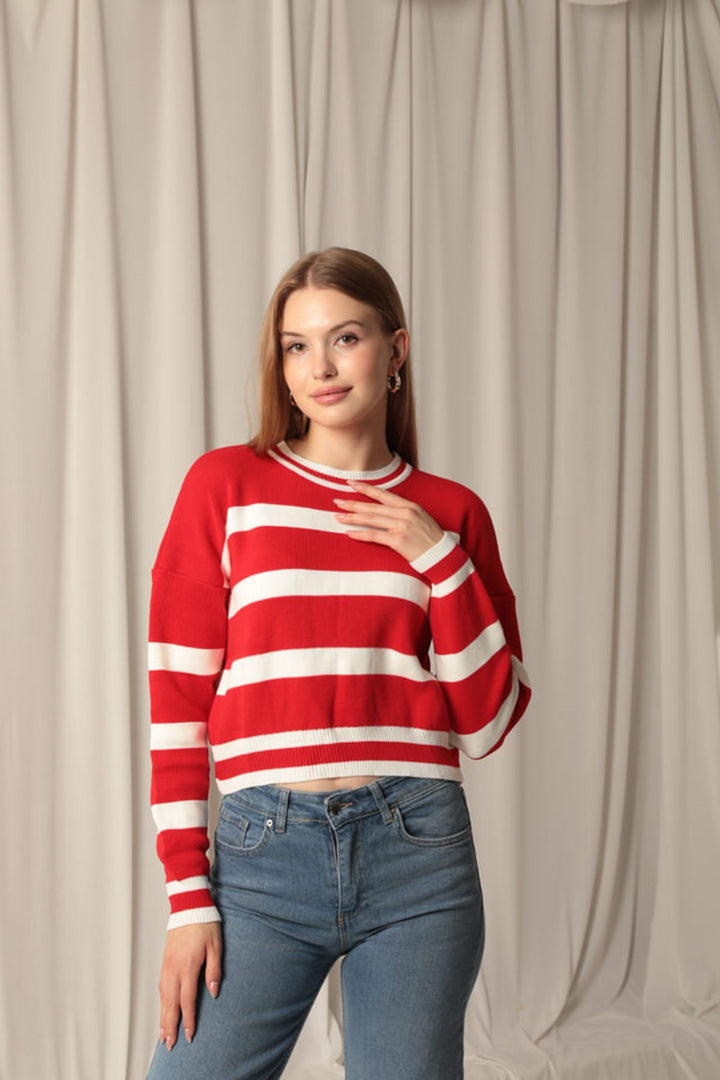 KKT Knitwear Fabric Striped Women's Red Sweater - Tottenham