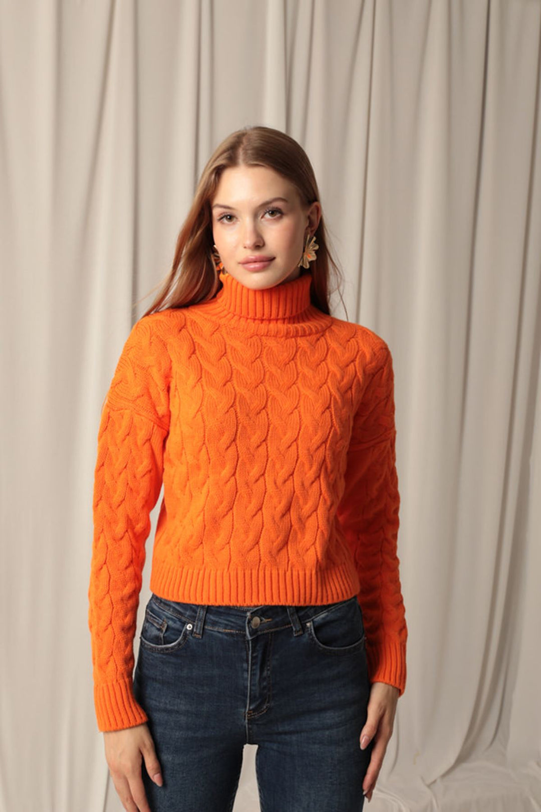 KKT Knitwear Fabric Knit Detailed Women's Orange Sweater - Darmstadt