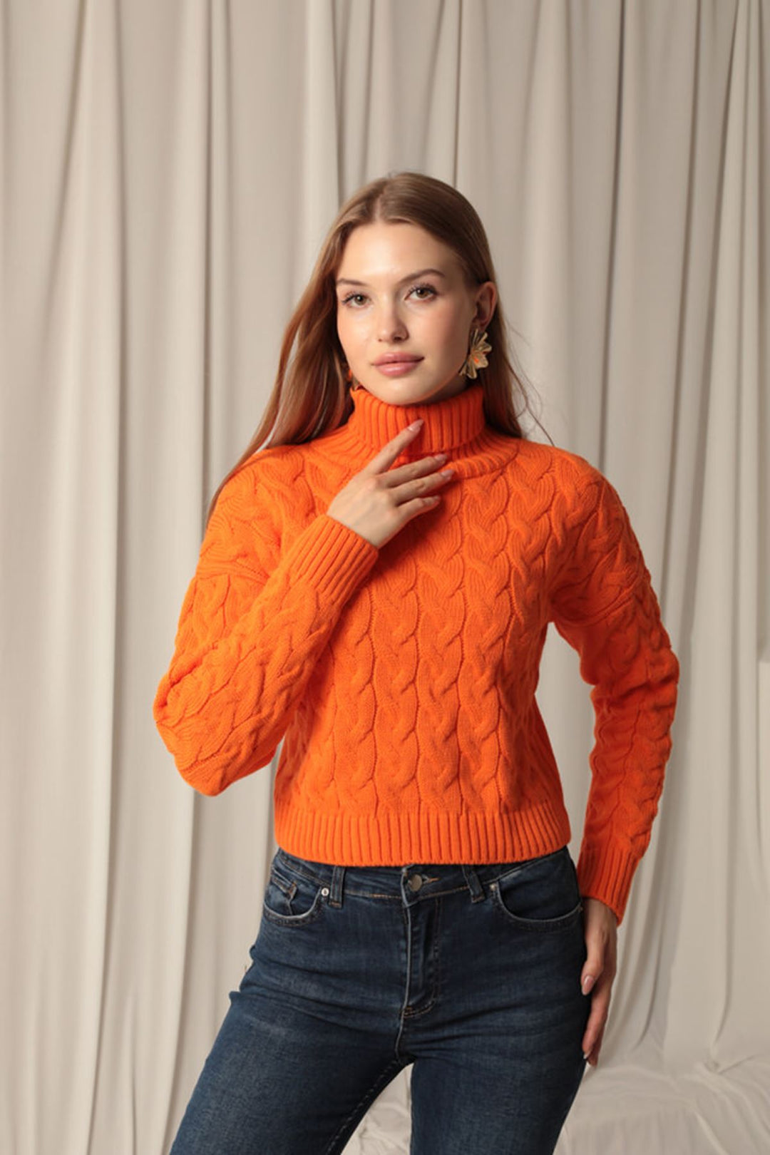 KKT Knitwear Fabric Knit Detailed Women's Orange Sweater - Darmstadt