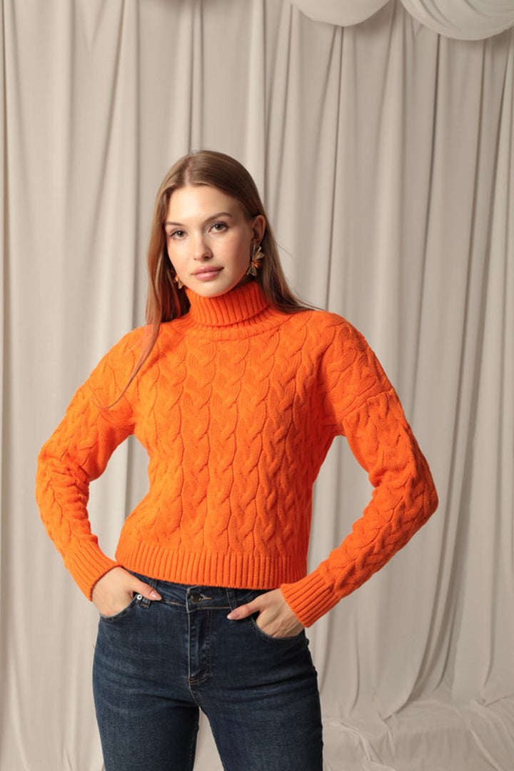 KKT Knitwear Fabric Knit Detailed Women's Orange Sweater - Darmstadt