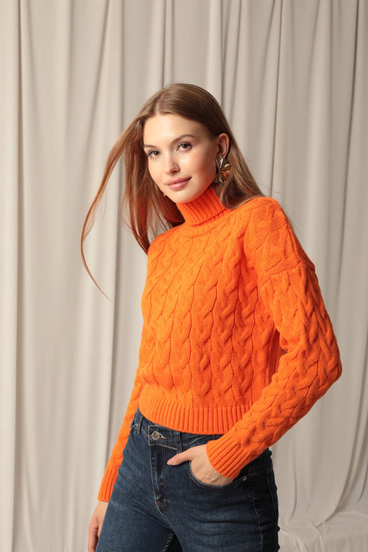 KKT Knitwear Fabric Knit Detailed Women's Orange Sweater - Darmstadt