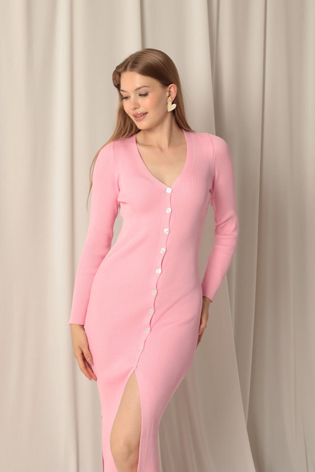 KKT Knitwear Fabric Buttoned Women's Pink Dress - Scheveningen